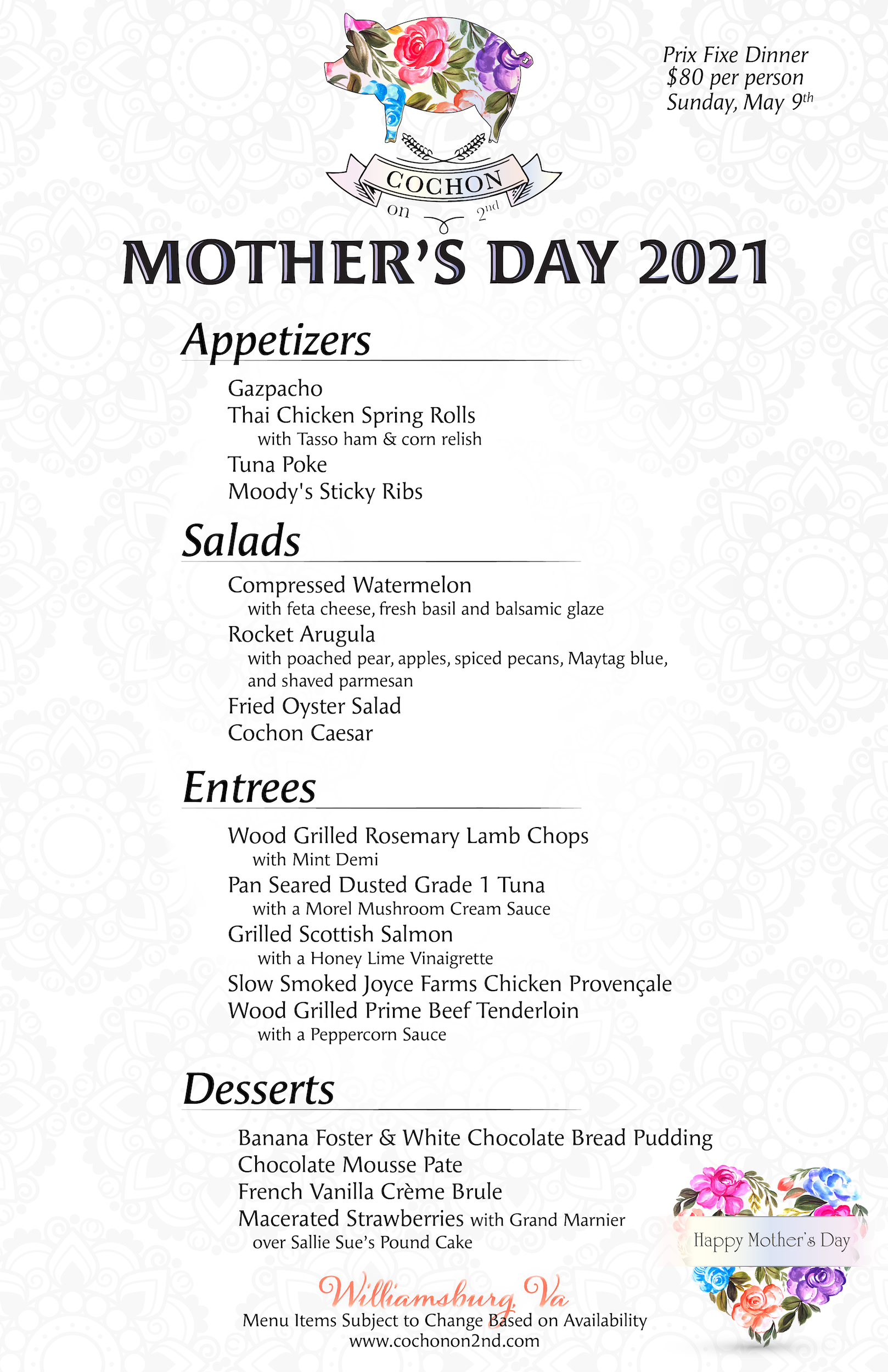 Mothers Day menu cochon